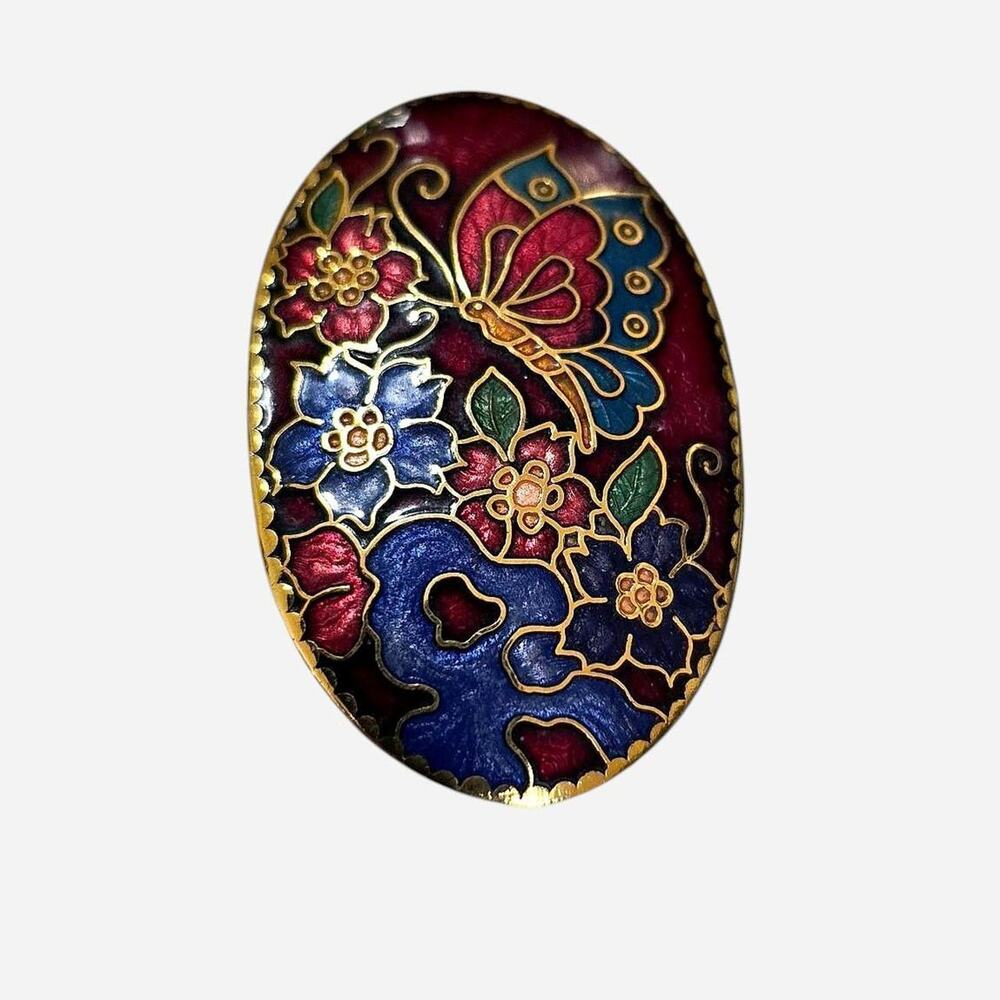 Vintage Cloisonné Butterfly & Floral Brooch